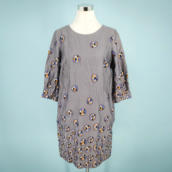 Marimekko 38 Size Medium M Gray Print Crew Neck Short Elbow Sleeve Cotton Dress - Picture 1 of 8